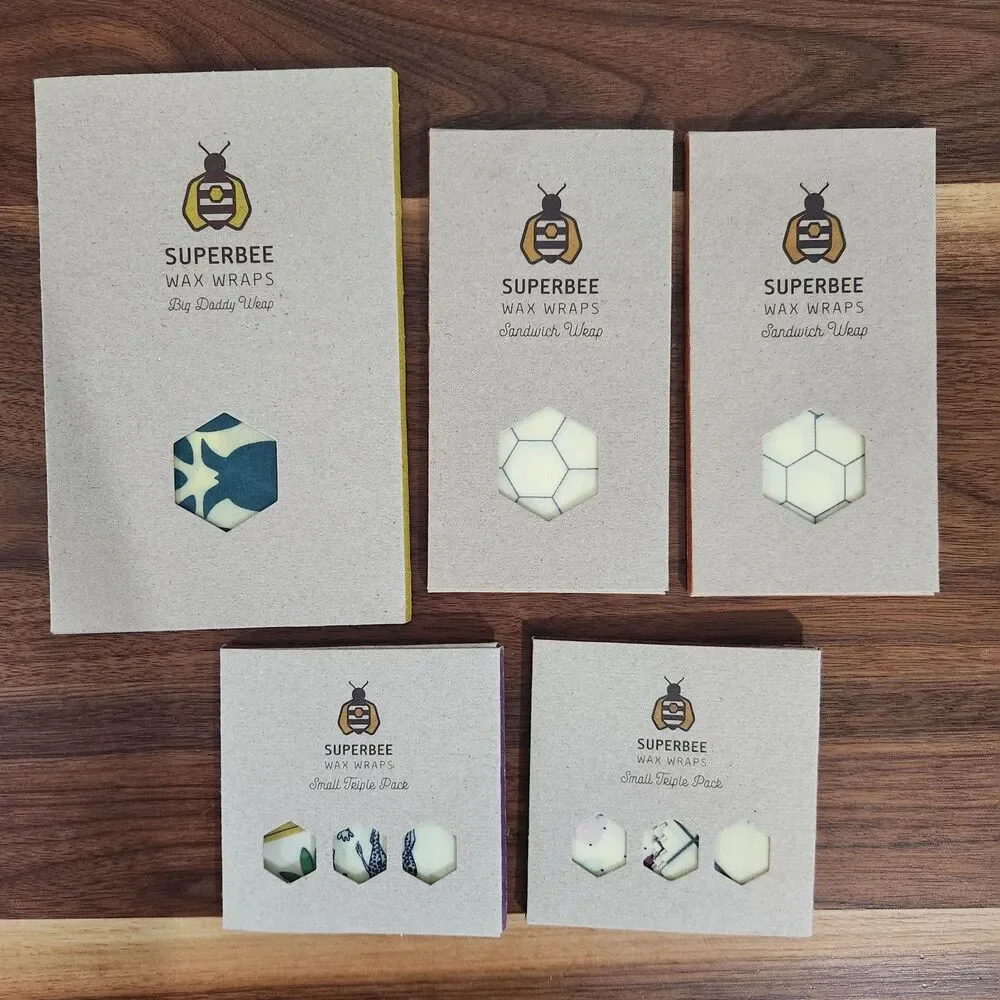 Superbee Beeswax Wraps Lot of 5 Reusable Sustainable Food Wraps Various Sizes